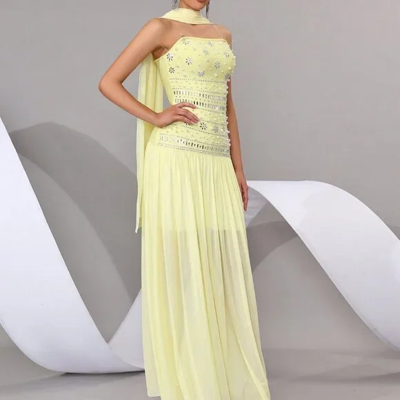 Yellow Chic Women's Strapless Rhinestone Maxi Dress - Picture 5 of 8